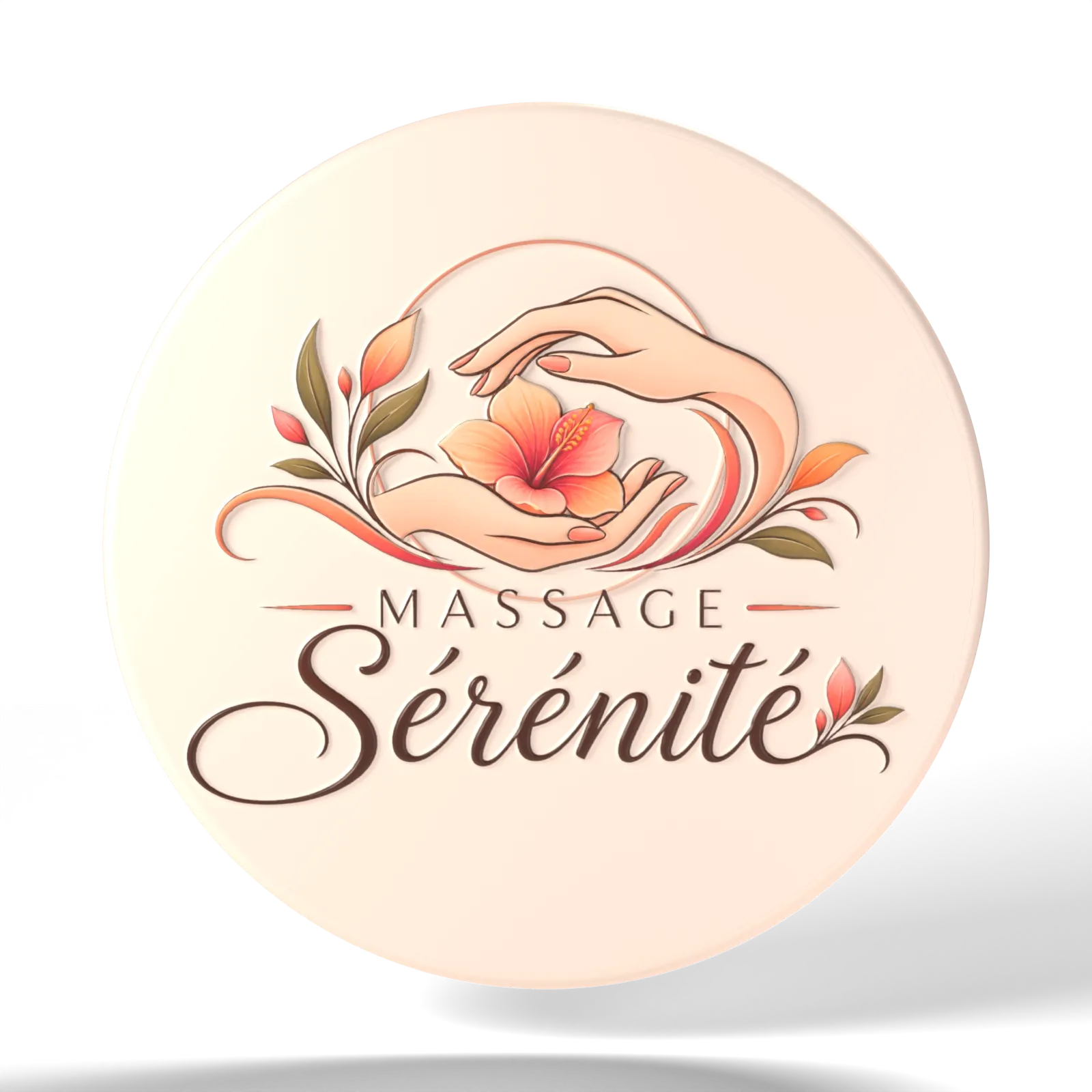 Le logo Massage Sérénité, deux mains autour d’une fleur d’hibiscus, en relief sur un médaillon de porcelaine